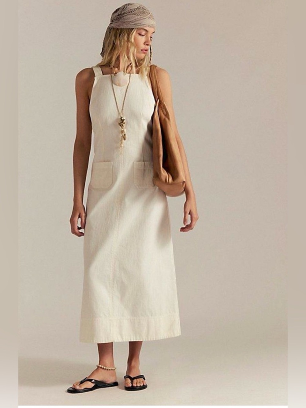 Free People Cream Sleeveless Denim Dress with Pockets